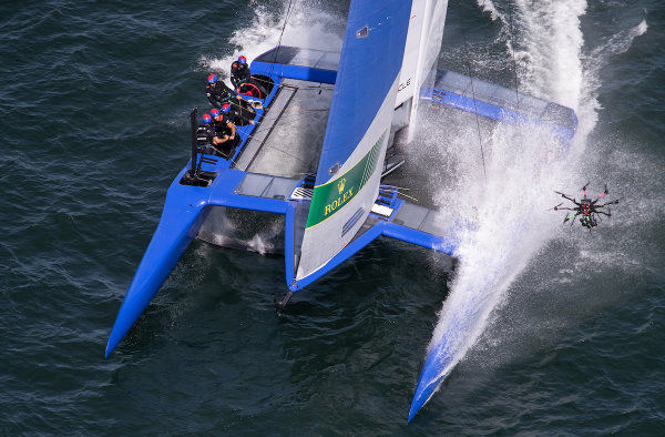 SailGP F50 hydrofoil catamaran skimming the water