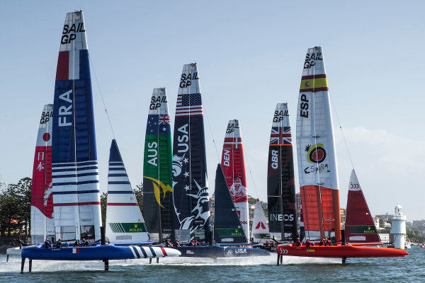 SailGP catamaran airborne on hydrofoils